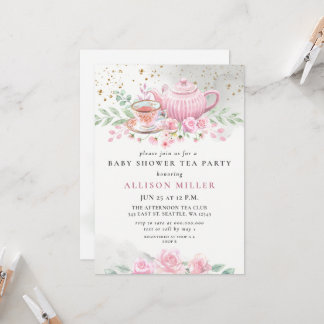 Invitación Rosa ruso de Rubor Gold Tea Fiesta Baby Shower