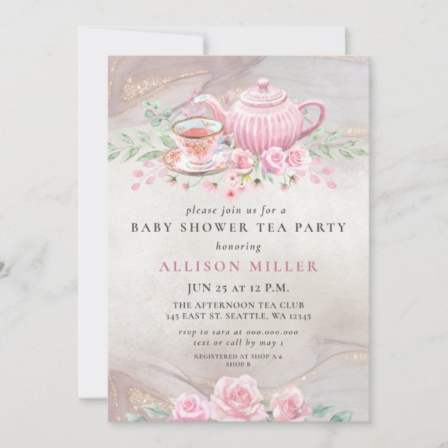 Invitación Rosa ruso de Rubor Gold Tea Fiesta Baby Shower (Anverso)