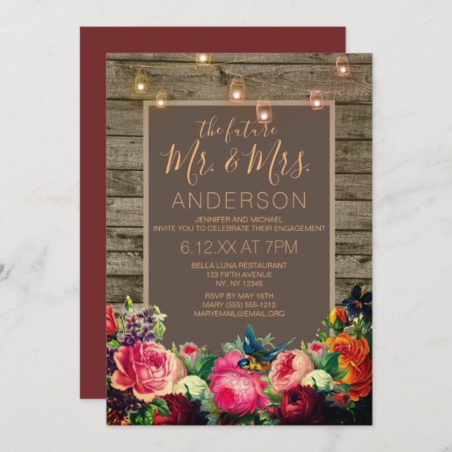 Invitación Rosa ruso Mason Jar String Light Engagement (Anverso / Reverso)