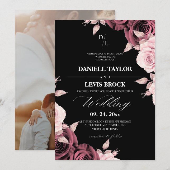 Invitación Rosa rústica rosa floral negro boda  (Anverso / Reverso)