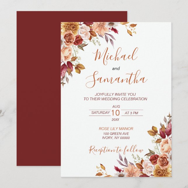 Invitación Rosa Rústica y Crisantemo Boda de Otoño (Anverso / Reverso)