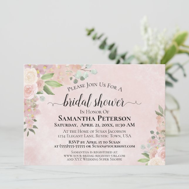 Invitación Rosa rústico acuarela Floral Bridal Shower (Anverso de pie)