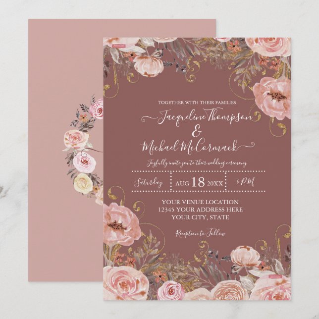 Invitación Rosa Rústico Acuarela Rosa Floral Vegetación Seca (Anverso / Reverso)
