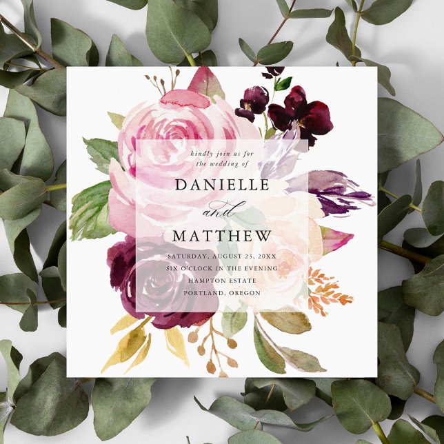 Invitación Rosa rústico burgundy y floral morado (Subido por el creador)