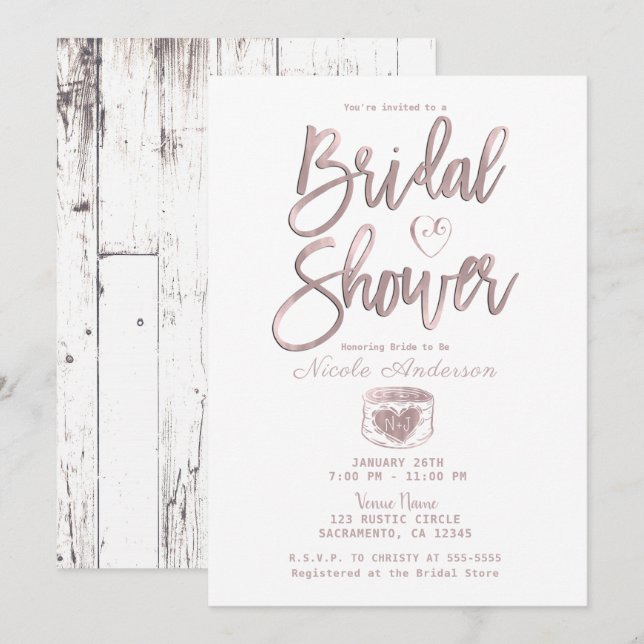 Invitación Rosa Rústico De Madera Blanca Dorada Ducha De Novi (Anverso / Reverso)