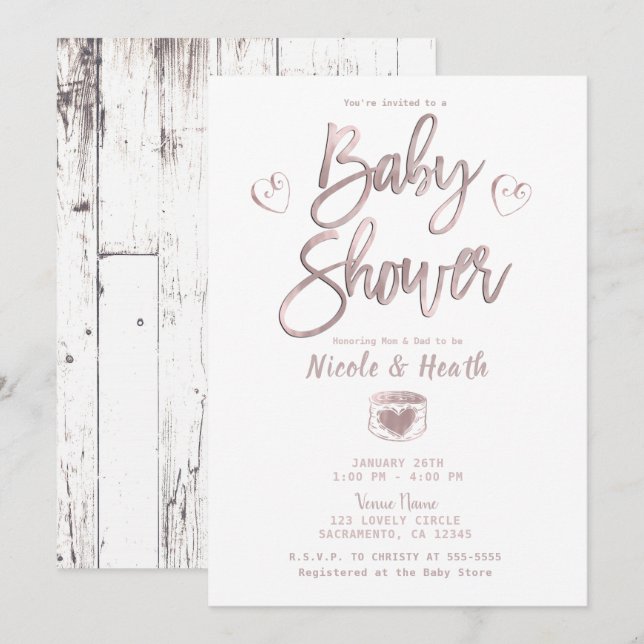 Invitación Rosa Rústico de Madera Blanca Oro Baby Shower Rosa (Anverso / Reverso)