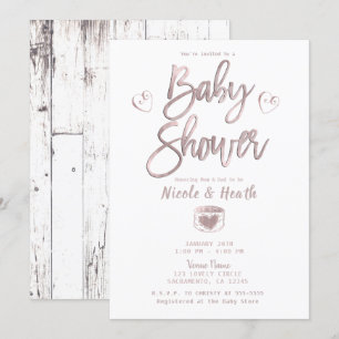 Invitación Rosa Rústico de Madera Blanca Oro Baby Shower Rosa