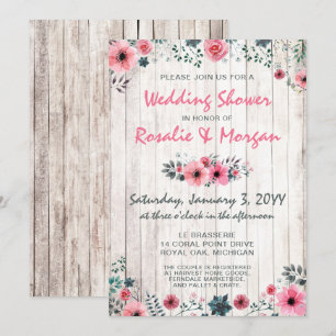 Invitación Rosa rústico floral de madera de campo ducha de ma