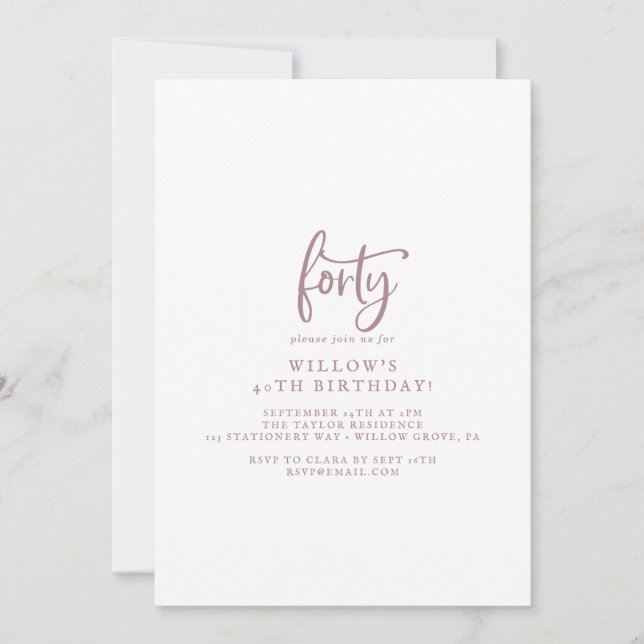 Invitación Rosa Rústico Guión de Oro 40 Fiesta de cumpleaños (Anverso)