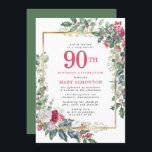 Invitación Rosa rústico Holly Berries 90th Birthday Party<br><div class="desc">El bonito y elegante diseño botánico de invierno cuenta con rosas rojos y blancos enclavados en un hueco verde profundo y bayas. Un amplio marco dorado lo junta todo. El encanto rústico y ostentoso con un ambiente elegante. 90 está escrito en un gran rojo de baya. El nombre del compañero...</div>