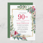 Invitación Rosa rústico Holly Berries 90th Birthday Party<br><div class="desc">El bonito y elegante diseño botánico de invierno cuenta con rosas rojos y blancos enclavados en un hueco verde profundo y bayas. Un amplio marco dorado lo junta todo. El encanto rústico y ostentoso con un ambiente elegante. 90 está escrito en un gran rojo de baya. El nombre del compañero...</div>