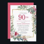 Invitación Rosa rústico Holly Berries 90th Birthday Party<br><div class="desc">El bonito y elegante diseño botánico de invierno cuenta con rosas rojos y blancos enclavados en un hueco verde profundo y bayas. Un amplio marco dorado lo junta todo. El encanto rústico y ostentoso con un ambiente elegante. 90 está escrito en un gran rojo de baya. El nombre del compañero...</div>