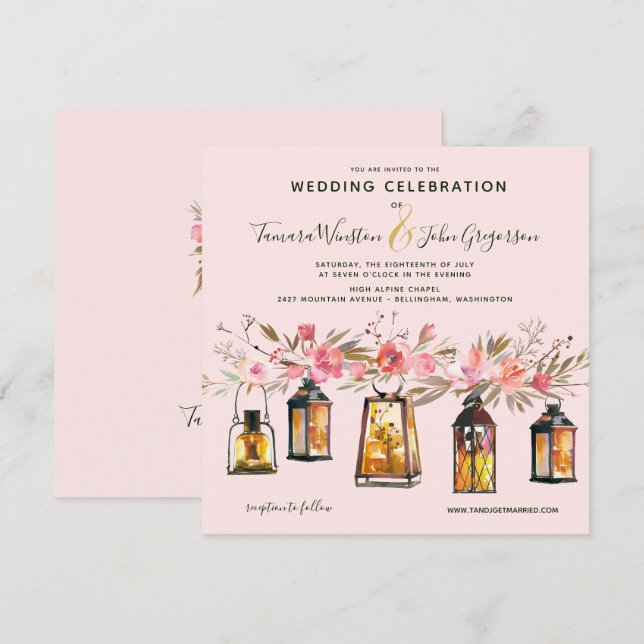 Invitación Rosa Rústico Linternas de Oro y Boda floral de luc (Anverso / Reverso)