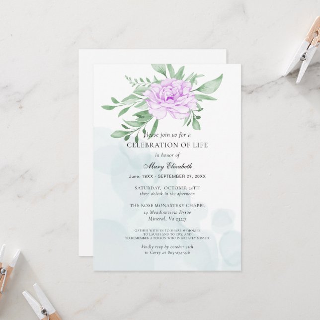 Invitación Rosa Rústico Morado Deja Celebración De La Vida (Anverso/Reverso In Situ)