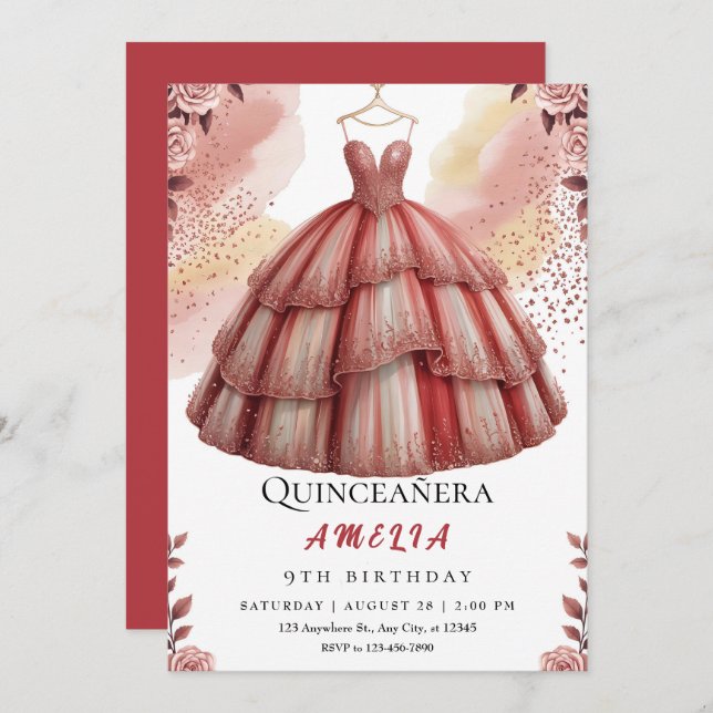 Invitación Rosa Rústico Oro Quinceañera cumpleaños (Anverso / Reverso)