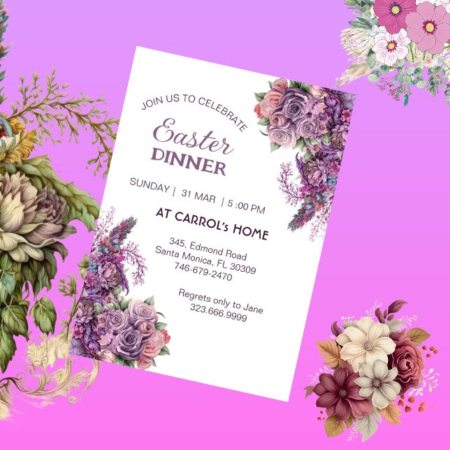 Invitación Rosa Rústico Purple Lilac Flora Fiesta de la cena  (Purple Lilac Flora Rustic Rose Easter Dinner Party Invitation)