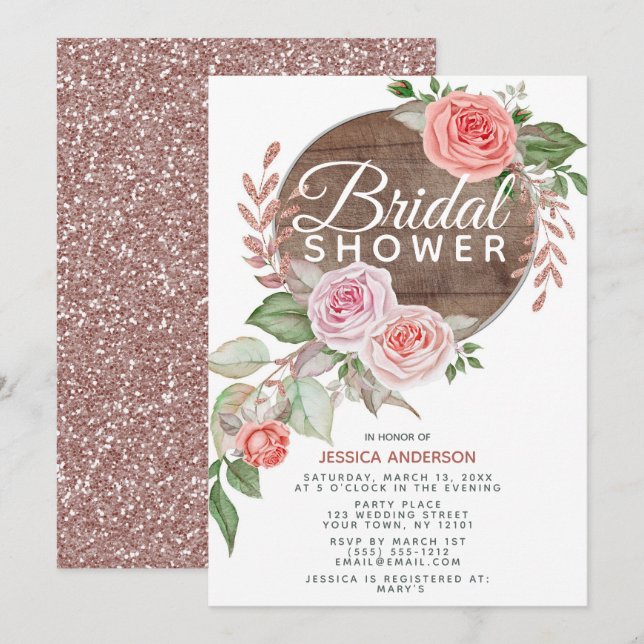 Invitación Rosa Rústico Purpurina Oro Floral Bridal Shower (Anverso / Reverso)