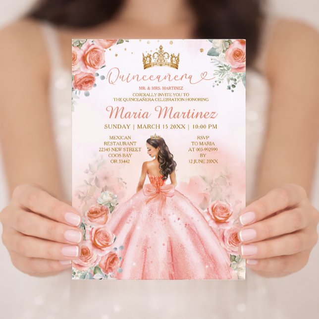 Invitación Rosa Salmón Melocotón Princesa Floral Oro Quinceañ (Subido por el creador)