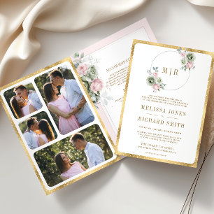 Invitación Rosa Salmón Verde Salvia Floral Boda Todo en Uno