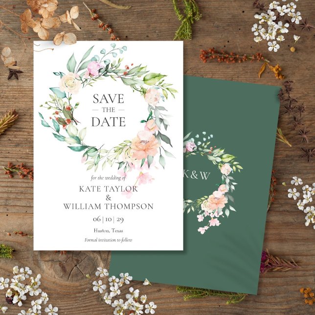 Invitación Rosa Salvaje Acuarela Floral Garland Ahorra La Fec (Wild Rose Watercolor Floral Garland Save The Date Invitation)
