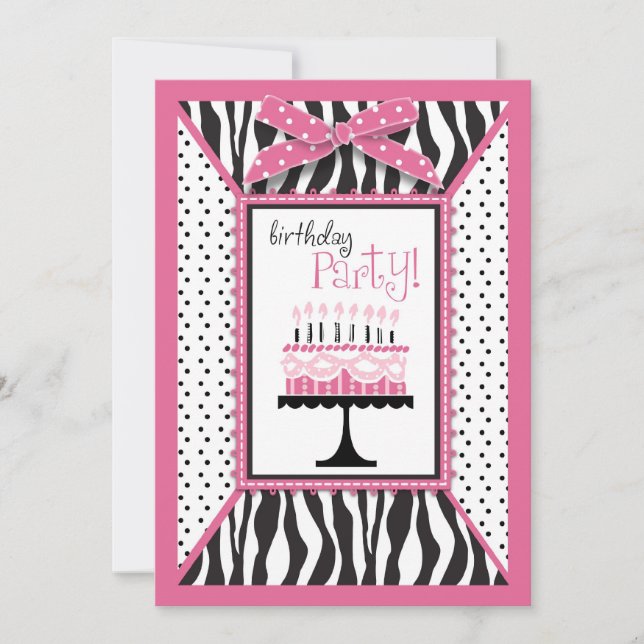 Invitación Rosa salvaje del estampado de zebra y de la torta (Anverso)
