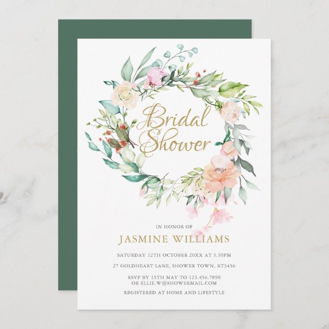 Invitación Rosa salvaje Floral Gold Script Bridal Shower (Anverso / Reverso)