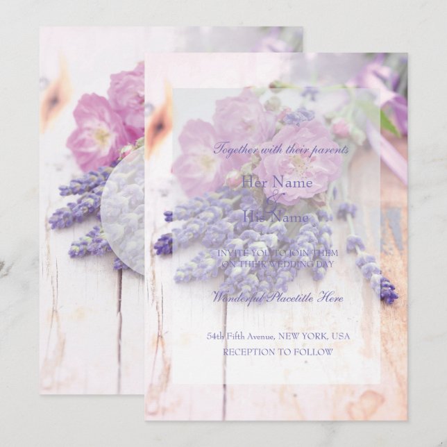 Invitación Rosa salvaje y Boda de flores de verano de lavanda (Anverso / Reverso)
