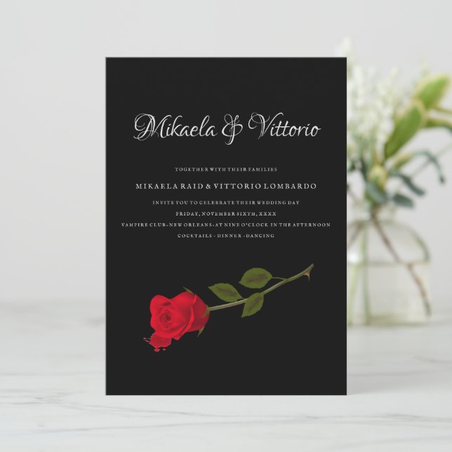 Invitación Rosa sangriento elegante boda gótico negro (Anverso de pie)