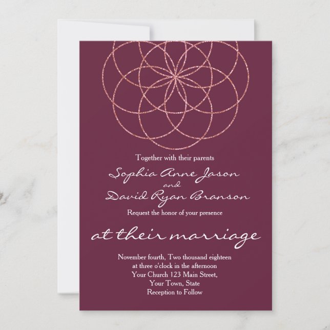 Invitación Rosa Semilla de Oro de Boda de Geometría Sagrada (Anverso)