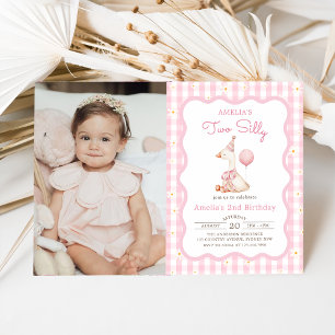 Invitación Rosa Silly Goose Daisy Gingham Foto de cumpleaños 