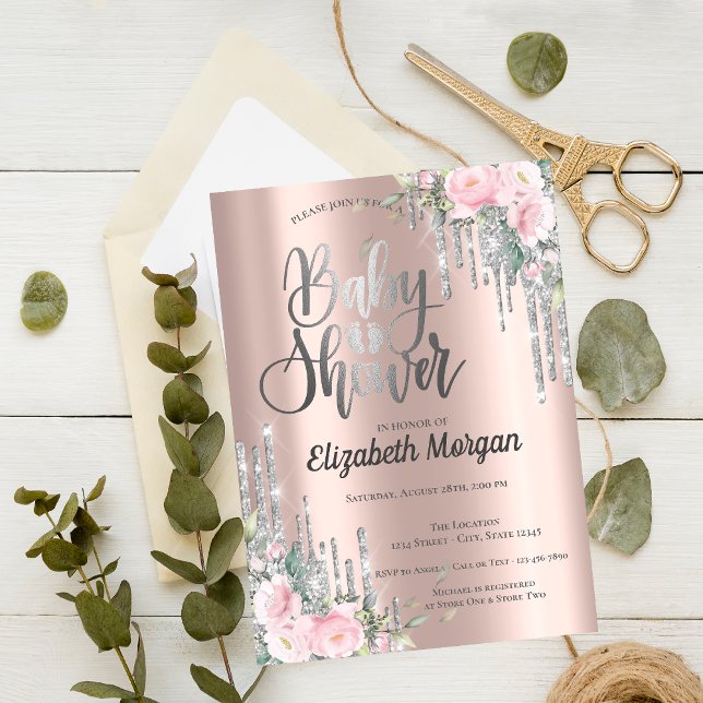 Invitación Rosa Silver Dris Gold Floral Baby Shower (Subido por el creador)