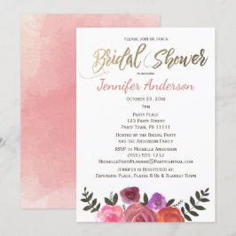 Invitación Rosa simple acuarela floral dorada ducha de novia