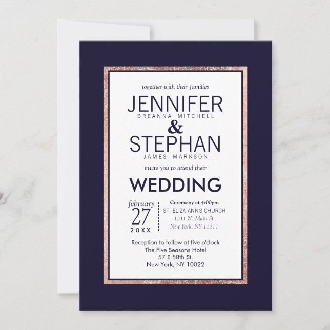 Invitación Rosa simple Boda azul de la marina de oro (Anverso)