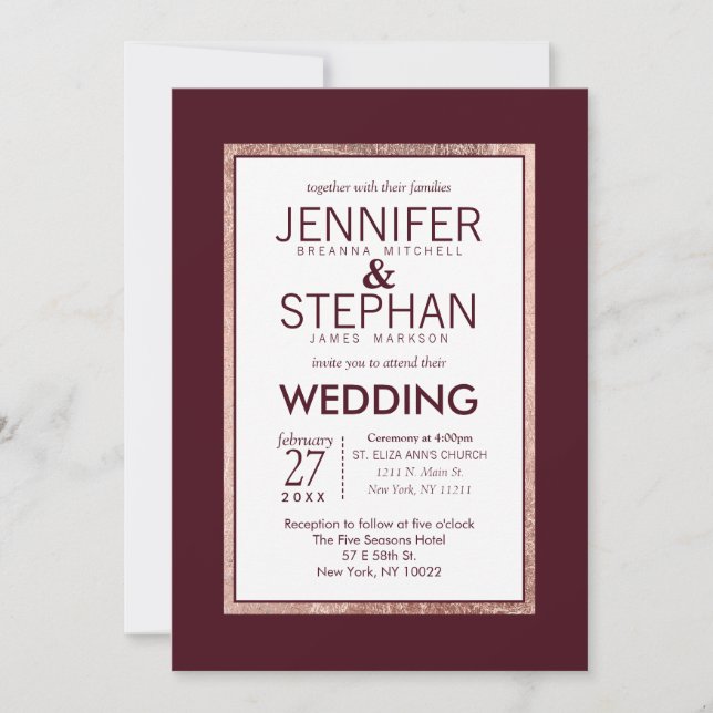 Invitación Rosa simple Boda de Borgoña con lino dorado (Anverso)