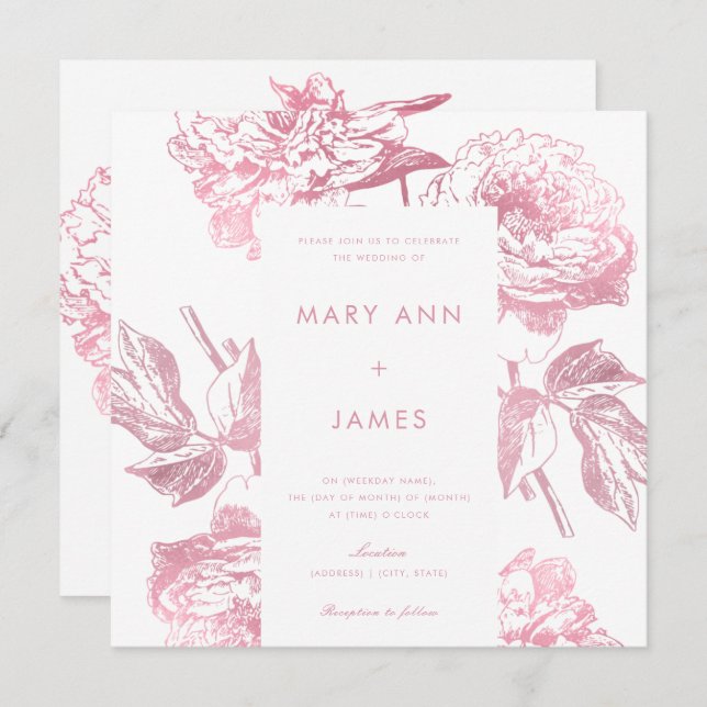 Invitación Rosa simple Boda floral elegante dorado (Anverso / Reverso)