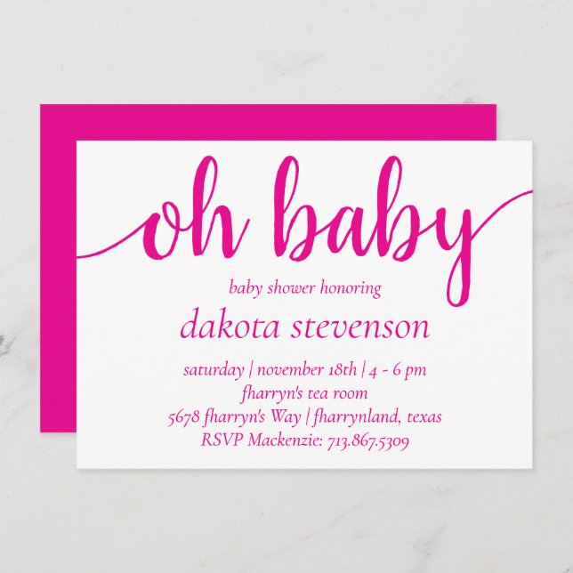 Invitación Rosa simple caliente Oh bebé | Magenta Flourish Sh (Anverso / Reverso)