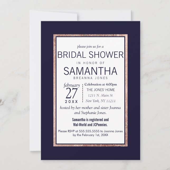 Invitación Rosa simple con ducha azul de novia de la marina d (Anverso)