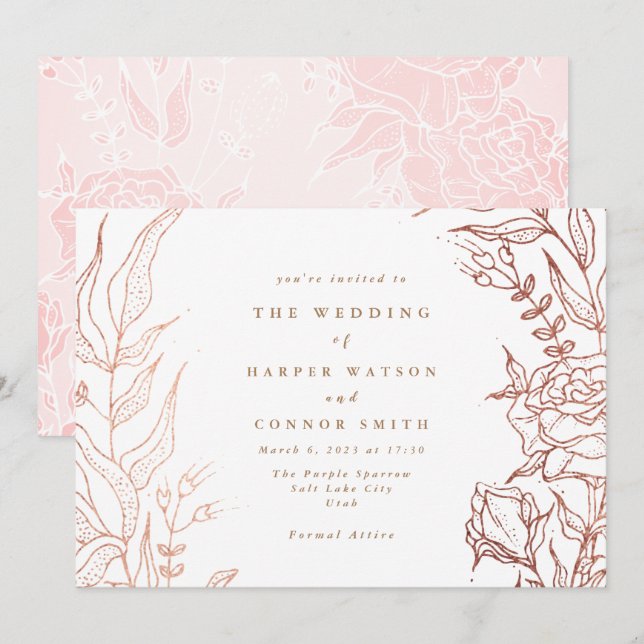 Invitación Rosa simple Copper Boda floral elegante (Anverso / Reverso)