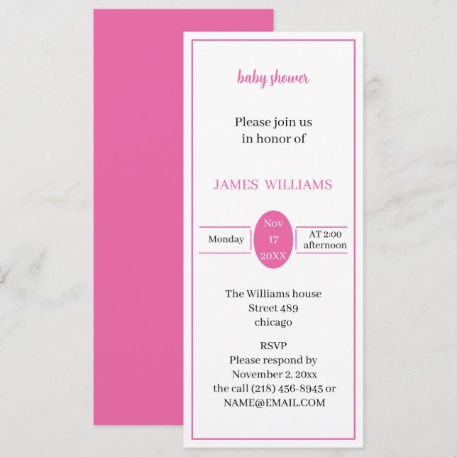 Invitación Rosa simple de Baby Shower personalizado (Anverso / Reverso)