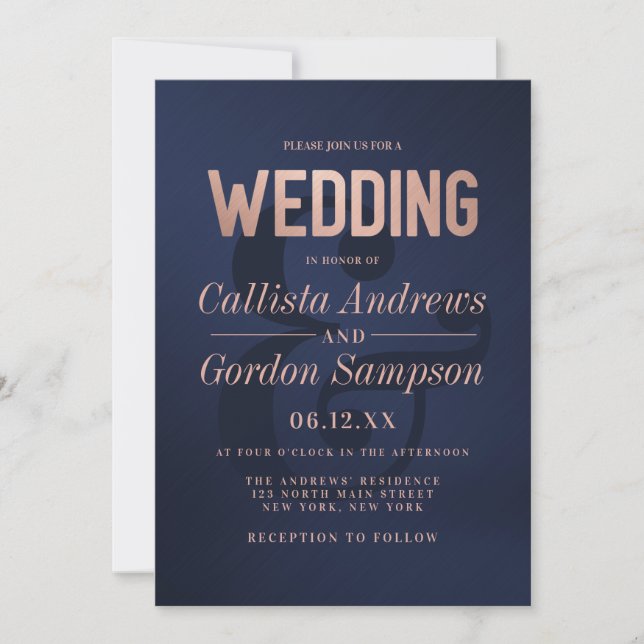 Invitación Rosa simple de la marina de oro cepillado Boda Met (Anverso)