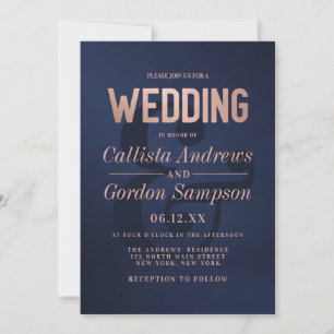 Invitación Rosa simple de la marina de oro cepillado Boda Met