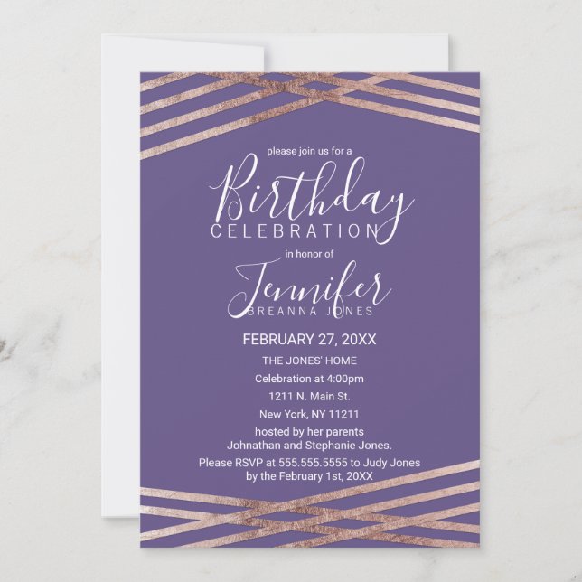 Invitación Rosa simple de oro violeta de cumpleaños (Anverso)