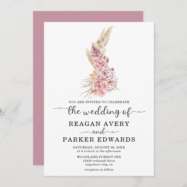 Invitación Rosa simple de pampas floral de hierba y Boda púrp (Anverso / Reverso)