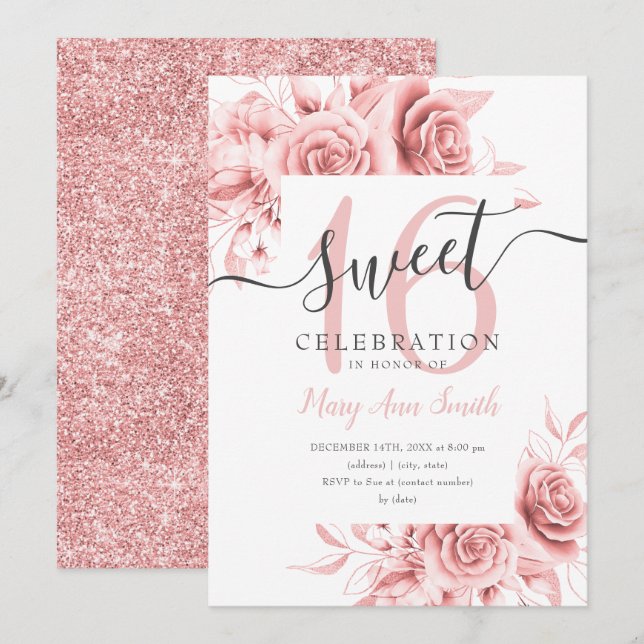 Invitación Rosa simple Floral de oro y Purpurina dulce 16 gui (Anverso / Reverso)