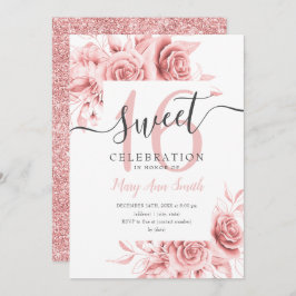 Invitación Rosa simple Floral de oro y Purpurina dulce 16 gui