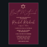 Invitación Rosa simple hebreo oro borgoña rojo bat Mitzvah<br><div class="desc">Esta elegante, minimalista y moda invitación a Bat Mitzvah es la elección perfecta para su hija en su día especial. Presenta un diseño sencillo y moderno de tipografía de oro rosa con la estrella de David sobre un fondo rojo burdeos. También muestra tipografía personalizado del nombre hebreo de su hijo....</div>