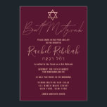 Invitación Rosa simple hebreo oro borgoña rojo bat Mitzvah<br><div class="desc">Esta elegante, minimalista y moda invitación a Bat Mitzvah es la elección perfecta para su hija en su día especial. Presenta un diseño sencillo y moderno de tipografía de oro rosa con la estrella de David sobre un fondo rojo burdeos. También muestra tipografía personalizado del nombre hebreo de su hijo....</div>