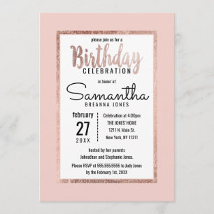 Invitación Rosa simple oro Rubor Guión de pincel rosado Cumpl