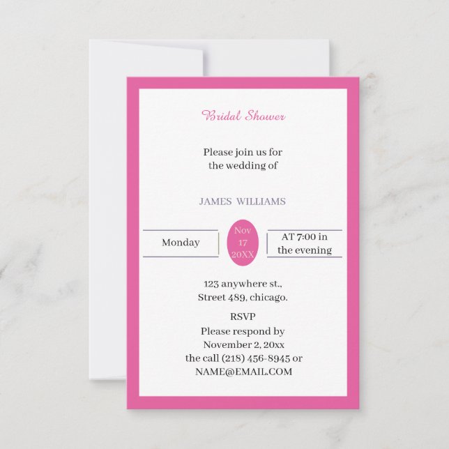 Invitación Rosa simple Personalizado ducha de novia (Anverso)
