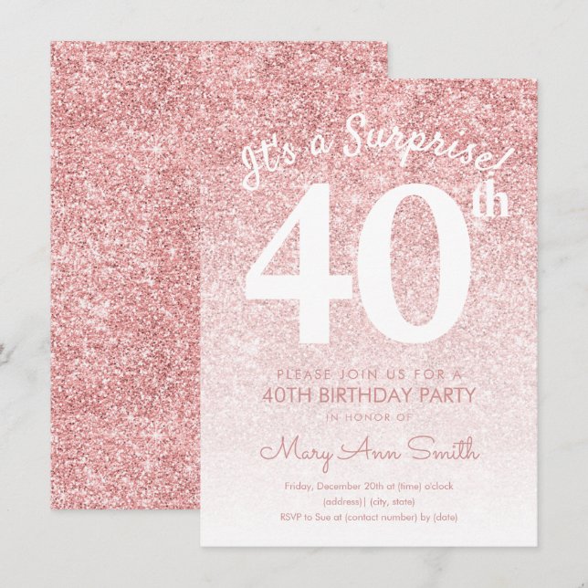 Invitación Rosa simple Purpurina de oro 40.º Fiesta de cumple (Anverso / Reverso)